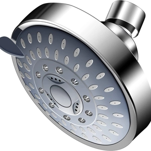 Polished silver shower head with blue spray face and multiple water-saving nozzles