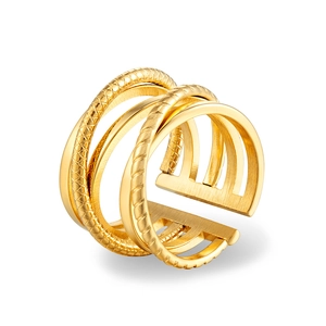 Detail of four-layer gold stainless steel ring featuring mixed textures and open band