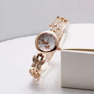 Orologio da donna al quarzo in oro rosa con farfalle e cinturino in lega con strass