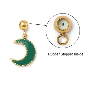 Detail of dark green enamel moon pendant with internal rubber stopper and gold trim