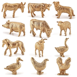 Set of 12 golden miniature farm animal figurines including pig chicken and duck