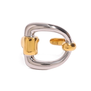 Polished gold and silver two-tone D-shaped open ring with a minimalist geometric design