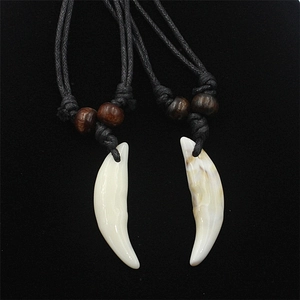 Wolf Tooth Pendant Necklace Acrylic Tribal Ethnic Style With Wood Beads Black Braided Rope Unisex Jewelry