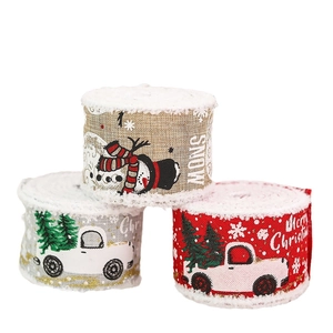 Christmas burlap ribbons set featuring snowman and tree prints for holiday gift wrapping