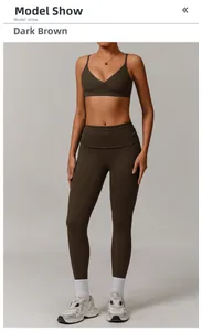 Detail of dark coffee yoga set with V-neck sports bra and high waisted leggings