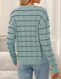 Detail view of the high-quality light blue knit sweater with black wave pattern texture