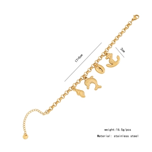 Detail showing golden stainless steel ocean charms bracelet with 17+5cm size specs