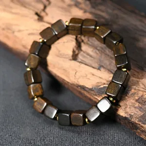 Ethnic Agarwood Wood Bead Bracelet For Men Women Dark Brown Wood Grain Square Beads Bracelet With Gold Metal Spacers Zen Jewelry Gift