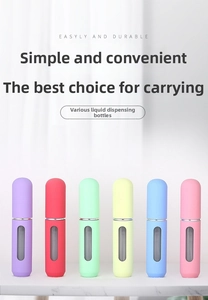 Detail of 5ml refillable perfume atomizers in six colors with clear view window