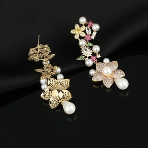 Exquisite S925 silver needle floral drop earrings with white pearls and colored zircons