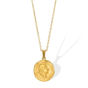 18K gold plated stainless steel necklace with vintage coin portrait pendant and 1913 engraving