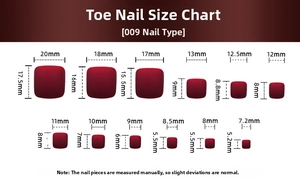 Detailed size chart for press-on toenails showing width and length in millimeters