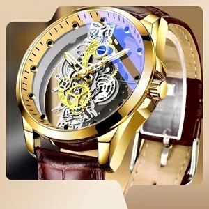 Automatic skeleton mechanical watch with golden alloy case and brown leather strap