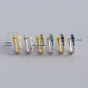 S925 sterling silver U-shaped hoop earrings with colorful zircon inlays in gold and silver