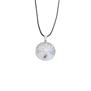 Minimalist Tree of Life necklace with silver metal frame and white stone on black cord