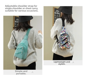 Detail of adjustable straps on nylon crossbody chest bags in mint green and geometric patterns