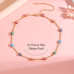 Detail of colorful Evil Eye choker necklace with gold metal bars and size dimensions