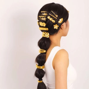 18K gold stainless steel hair rings and clips set shown on a braided ponytail hairstyle
