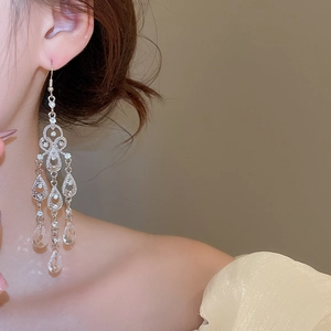 Detail of silver water-drop tassel earrings on model showing elegant drape and sparkle