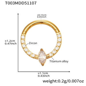 Detailed size chart of titanium alloy nose ring with inlaid zircon showing exact dimensions