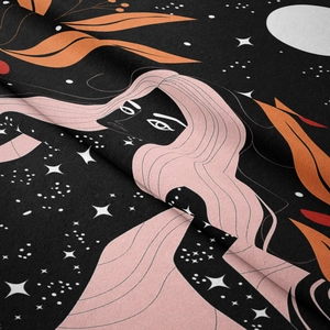 Detail of bohemian tapestry fabric showing vibrant pink hair illustration and velvet texture
