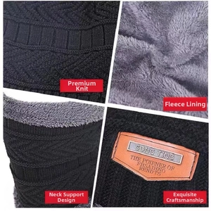 Detail of cable knit pattern and warm gray fleece lining on a men winter neck warmer