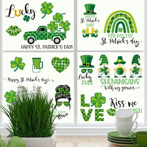 St. Patrick's Day gnome and shamrock window decals set for festive home glass decoration