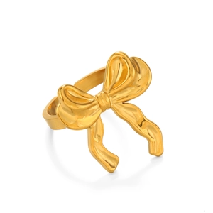 Minimalist 18K gold plated stainless steel bow ring with high-polished metallic finish