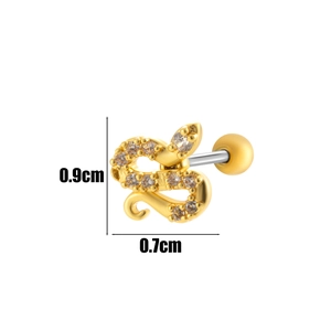 Detailed view of gold snake cartilage earring with cubic zirconia and 0.9cm size mark