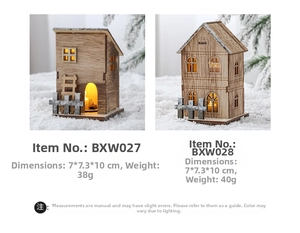Macro view of light-up wooden Christmas house ornament with warm LED glow and laser-cut details