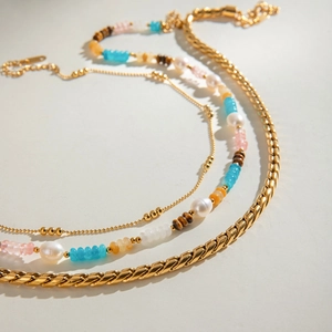 Layered 18k gold stainless steel necklace with flat snake chain and colorful natural stones
