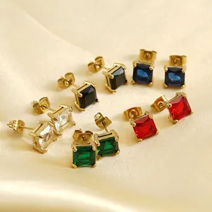 Boucles D'oreilles Carrées Plaquées Or 18K Acier Inoxydable Zircone Cubique Géométrique Bijoux De Mode Pour Femmes