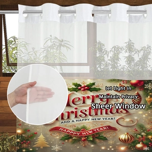 White semi-sheer Christmas shower curtain with metal grommets and holiday tree pattern