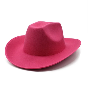 Detail of hot pink wool felt cowboy hat with 8cm curved brim and textured finish