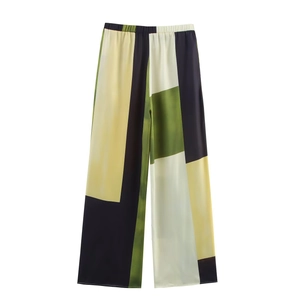 Women's summer satin wide leg pants with geometric color block patterns in dark green and yellow