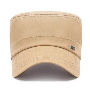 Men's khaki cotton flat top cadet hat with SPORT metal logo and curved brim visor