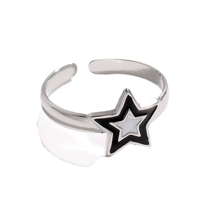 Minimalist silver open ring with double-layered star design and black enamel finish