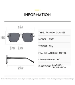 Detailed size chart for square double-bridge aviator sunglasses with full measurements