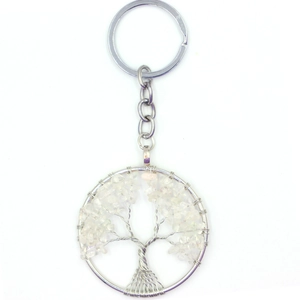 Detail of handmade silver wire tree of life keychain with white crystal stones
