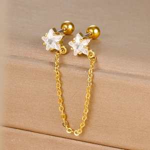 Stainless Steel Star Chain Stud Earrings With Rhinestone Korean Fashion Gold Double Ear Hole Screw Ball Jewelry For Women