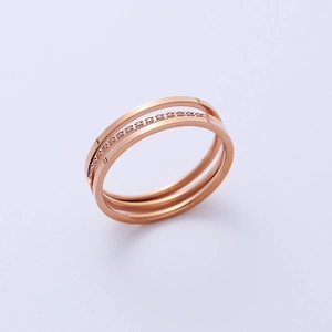 Minimalist three-layer rose gold titanium steel ring with sparkling zircon inlays