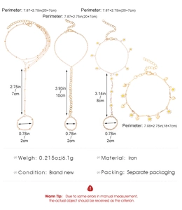 Detailed view of daisy and heart slave bracelets with measurements and iron material specs