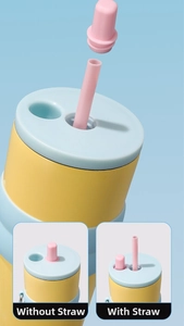 Detail of colorful tumbler lid with removable silicone straw and matching cap system