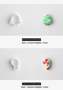 Detailed view of Christmas tree and cane cookie cutters with dimensions 3.1x3cm and 1.8x3cm