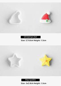 Detailed view of mini Christmas hat and star cookie cutters with measurements and sizing