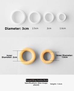Detailed view of four circular ring cookie cutters in sizes from 1.6cm to 3cm