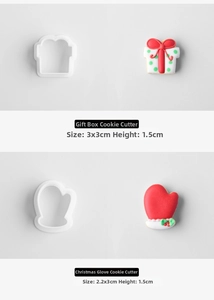 Detailed view of Christmas cookie cutters showing gift box and mitten shapes with dimensions