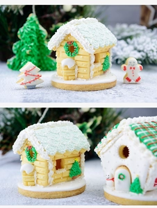Close-up of 3D Christmas gingerbread house cookies with festive icing decorations