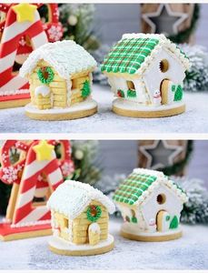 Detailed 3D gingerbread house cookies with festive snowman and Christmas tree decorations