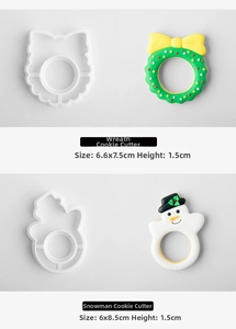 Detailed view of Christmas snowman and wreath cookie cutters with specific dimensions